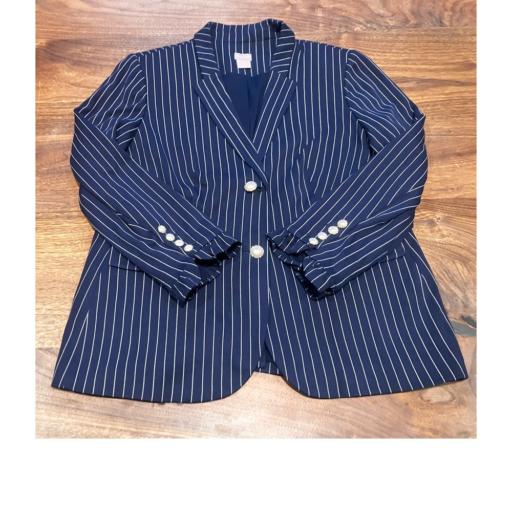 Chico's Sz 2P Petite Striped Navy Blue Blazer Pearl Buttons Jacket Lined